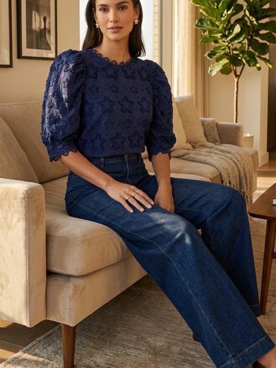 FARM Rio Tops - FARM Rio Navy Star Appliqué Puff Sleeve Blouse NWOT